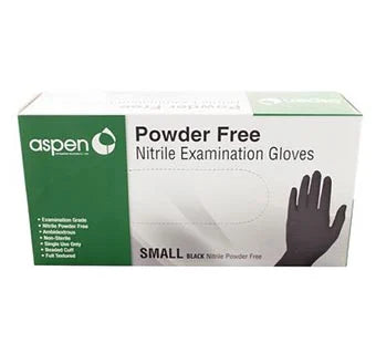Aspen Nitrile Exam Gloves, Powder-Free, Black, Small, 100 Count