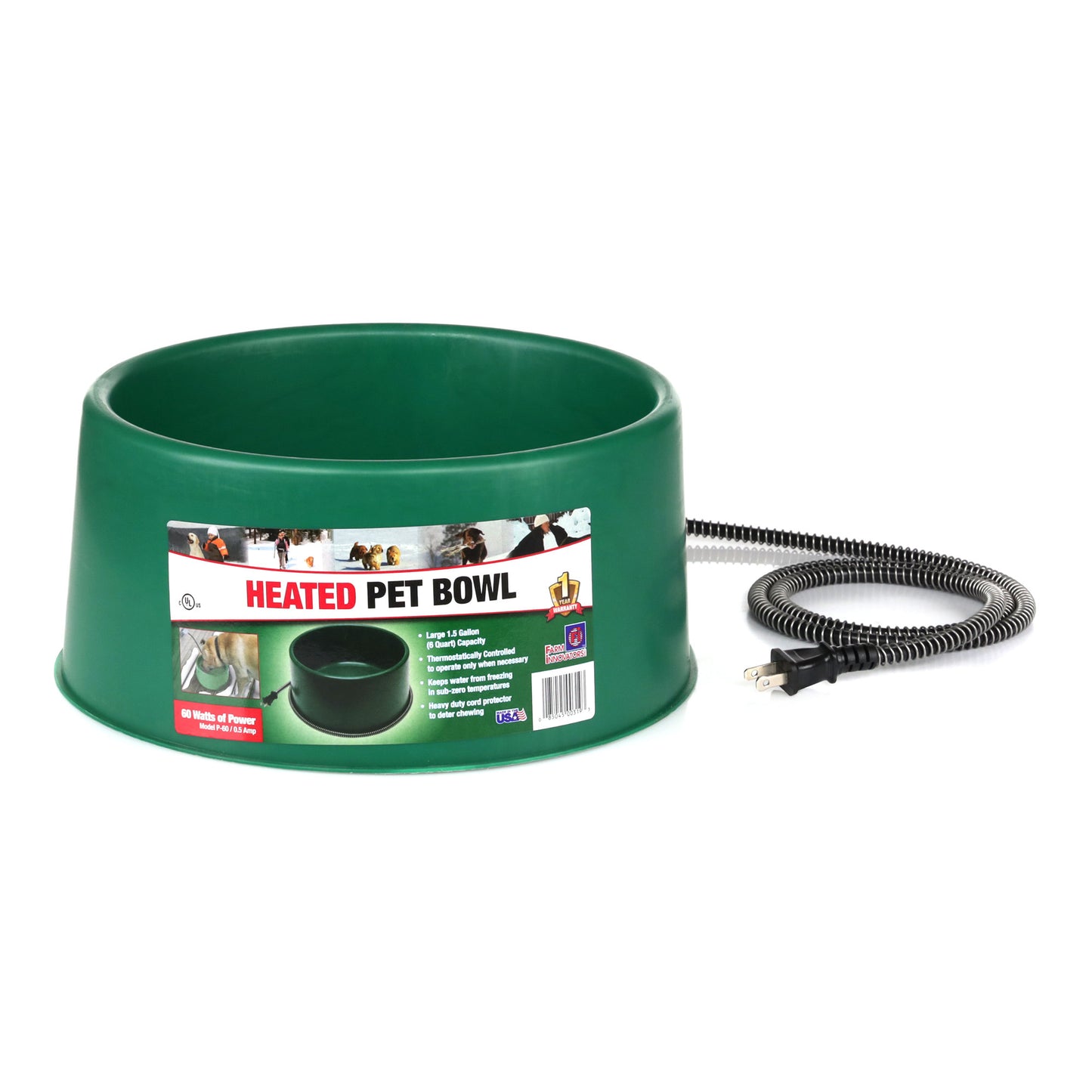 Farm Innovators-Heated Pet Bowl, Thermostat Control, Green, 60-Watt, 1.5-Gals.