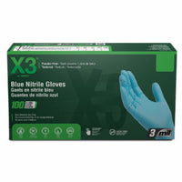 X3 Blue Nitrile Gloves, Powder-Free, X-Large, 100/Pkg